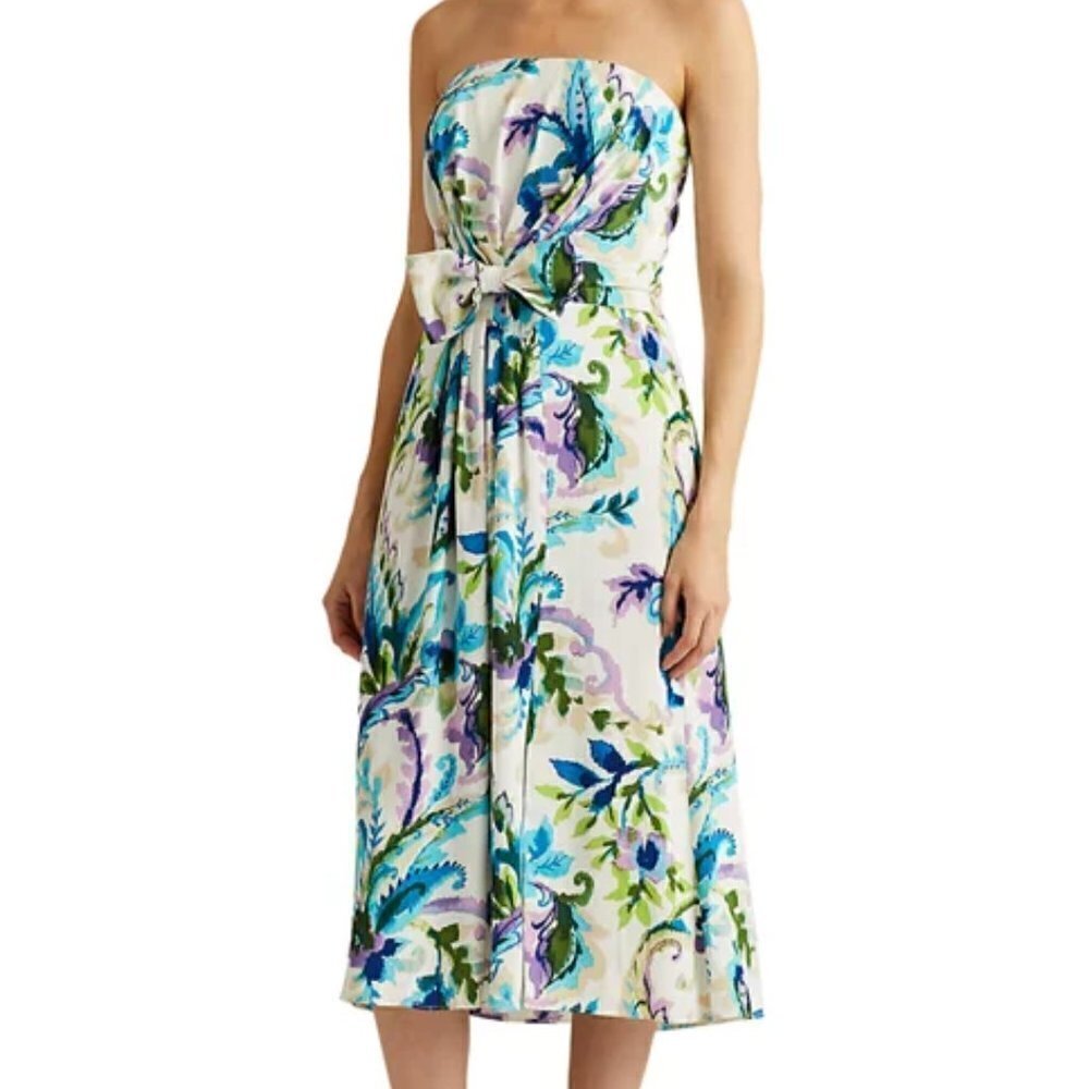 Ralph Lauren Strapless Dress Women's Size 6 Blue Floral Wedding Guest